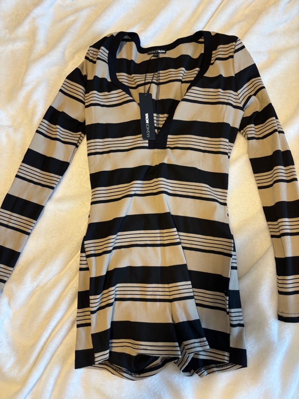 Fashion Nova Black and Beige Striped Long-Sleeve Romper